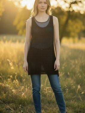 Free People Double Take Black Crochet Knit Tank Top Size Small